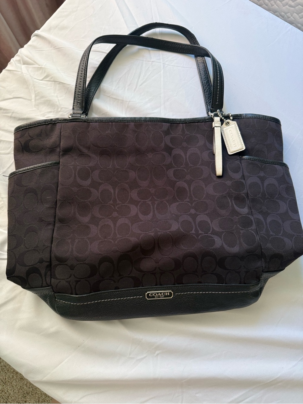 Coach Black Signature Tote with Leather Trim